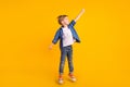 Full body portrait of carefree crazy person jump raise arm hold empty space isolated on yellow color background Royalty Free Stock Photo