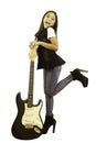 An elementary Asian school girl with a long-haired posing with an electric guitar. Royalty Free Stock Photo