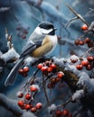 Full body portrait cute titmouse bird with red chest in snowy forest on snow-covered rowan branch