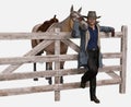 Winter ranch scene of Denny standing with his head down in the snow with a background of a mountain range and ranch fence