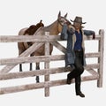 Winter ranch scene of Denny standing with his head down in the snow with a background of a mountain range and ranch fence