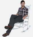 Full body portrait of Denny, a middle-aged blue collar working man with brown hair and brown eyes sitting on a rocking chair