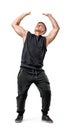 Full body portrait of handsome muscled young man pushing invisible wall under pressure isolated on white background Royalty Free Stock Photo