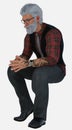 Full body portrait of a handsome tattooed silver fox with hipster glasses sitting on an isolated white background Royalty Free Stock Photo