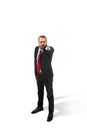 Full body portrait of happy businessman pointing to camera on white Royalty Free Stock Photo