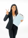 Full body portrait of happy excited beautiful businesswoman Royalty Free Stock Photo