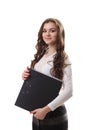 Full body portrait of happy smiling business woman with black folder, isolated over white background Royalty Free Stock Photo
