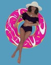 Full body portrait top view of a beautiful young brunette woman lying on an innertube in the water on an isolated background Royalty Free Stock Photo