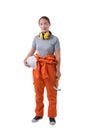 Full body portrait of a woman worker in Mechanic Jumpsuit hand holding hammer isolated on white background Royalty Free Stock Photo