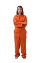Full body portrait of a woman worker in Mechanic Jumpsuit isolated on white background Royalty Free Stock Photo