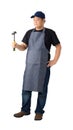 Full body portrait of a worker man or Serviceman in Black shirt and apron is holding hammer isolated on white background clipping Royalty Free Stock Photo