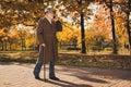 Full body profile photo of retired grey hair grandpa man walk desert park stick speak telephone sunny day doctor