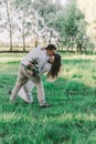 Full body profile photo of two stylish trendy fancy people couple guy and lady slow dance bending back holding hands