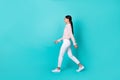 Full body profile photo of young japanese woman walking clothes promo wear trendy smart casual look isolated on Royalty Free Stock Photo