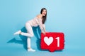 Full body profile side photo of amazed excited happy lady hold floor like icon isolated on pastel blue color background