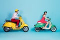 Full body profile side photo of crazy funky energetic two people man woman driver ride motor bike on high speed scream Royalty Free Stock Photo