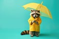 Full body raccoon in yellow raincoat under matching umbrella, on teal studio background.