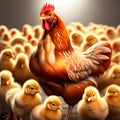 Full body red chicken hen standing surrounded by many fluffy chicks . Royalty Free Stock Photo