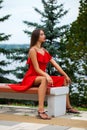 Full body, Sexy Young beautiful brunette woman in red dress Royalty Free Stock Photo