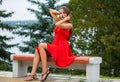 Full body, Sexy Young beautiful brunette woman in red dress Royalty Free Stock Photo