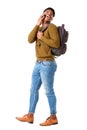 Full body side of happy young african man walking and talking on cellphone on isolated white background Royalty Free Stock Photo