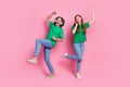Full body size photo of chilling relaxed couple youngsters dance and love rock roll music at party isolated on pink Royalty Free Stock Photo