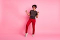 Full body size photo of cool student young guy in casual apparel sunglass night club discotheque isolated on pink color Royalty Free Stock Photo