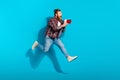 Full body size photo of running crazy funny positive man bullhorn loudspeaker attention his speech voice isolated on Royalty Free Stock Photo