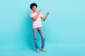 Full body size photo of young hipster optimist man wear stylish casual outfit direct fingers mockup open new shop