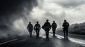 Full body squad of Spanish police officers in protective gears with guns wearing medical masks during patrolling street