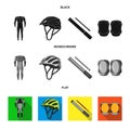 Full-body suit for the rider, helmet, pump with a hose, knee protectors.Cyclist outfit set collection icons in black Royalty Free Stock Photo