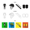 Full-body suit for the rider, helmet, pump with a hose, knee protectors.Cyclist outfit set collection icons in black Royalty Free Stock Photo