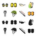 Full-body suit for the rider, helmet, pump with a hose, knee protectors.Cyclist outfit set collection icons in black Royalty Free Stock Photo