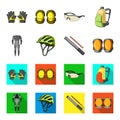 Full-body suit for the rider, helmet, pump with a hose, knee protectors.Cyclist outfit set collection icons in cartoon Royalty Free Stock Photo