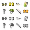 Full-body suit for the rider, helmet, pump with a hose, knee protectors.Cyclist outfit set collection icons in cartoon Royalty Free Stock Photo