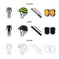 Full-body suit for the rider, helmet, pump with a hose, knee protectors.Cyclist outfit set collection icons in cartoon Royalty Free Stock Photo