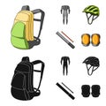 Full-body suit for the rider, helmet, pump with a hose, knee protectors.Cyclist outfit set collection icons in cartoon Royalty Free Stock Photo