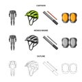 Full-body suit for the rider, helmet, pump with a hose, knee protectors.Cyclist outfit set collection icons in cartoon