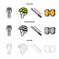 Full-body suit for the rider, helmet, pump with a hose, knee protectors.Cyclist outfit set collection icons in cartoon Royalty Free Stock Photo