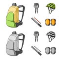 Full-body suit for the rider, helmet, pump with a hose, knee protectors.Cyclist outfit set collection icons in cartoon Royalty Free Stock Photo