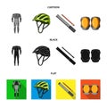 Full-body suit for the rider, helmet, pump with a hose, knee protectors.Cyclist outfit set collection icons in cartoon Royalty Free Stock Photo