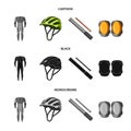 Full-body suit for the rider, helmet, pump with a hose, knee protectors.Cyclist outfit set collection icons in cartoon Royalty Free Stock Photo