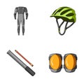 Full-body suit for the rider, helmet, pump with a hose, knee protectors.Cyclist outfit set collection icons in cartoon Royalty Free Stock Photo