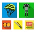 Full-body suit for the rider, helmet, pump with a hose, knee protectors.Cyclist outfit set collection icons in flat Royalty Free Stock Photo