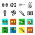 Full-body suit for the rider, helmet, pump with a hose, knee protectors.Cyclist outfit set collection icons in Royalty Free Stock Photo