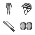 Full-body suit for the rider, helmet, pump with a hose, knee protectors.Cyclist outfit set collection icons in Royalty Free Stock Photo