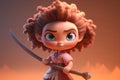 Full body super cute tiny cartoon human girl warrior with weapon. AI generated Royalty Free Stock Photo