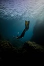 Man in flippers swimming undersea