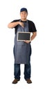 Full Body worker man or Serviceman in Black shirt and apron is holding chalkboard isolated on white background Royalty Free Stock Photo