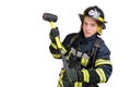 Full body young brave man in uniform of firefighter and sledgehammer Royalty Free Stock Photo